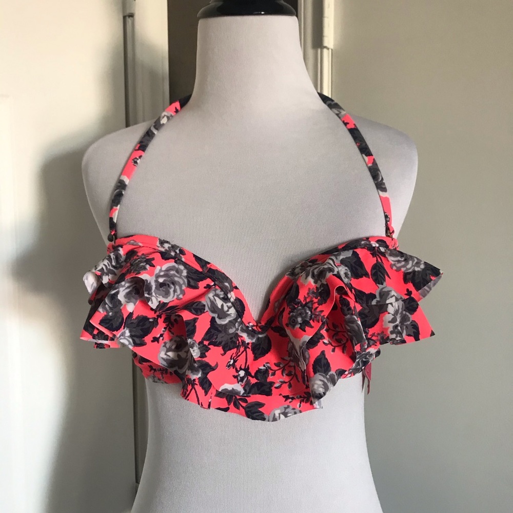 Pink Floral Ruffle Bikini Top Medium